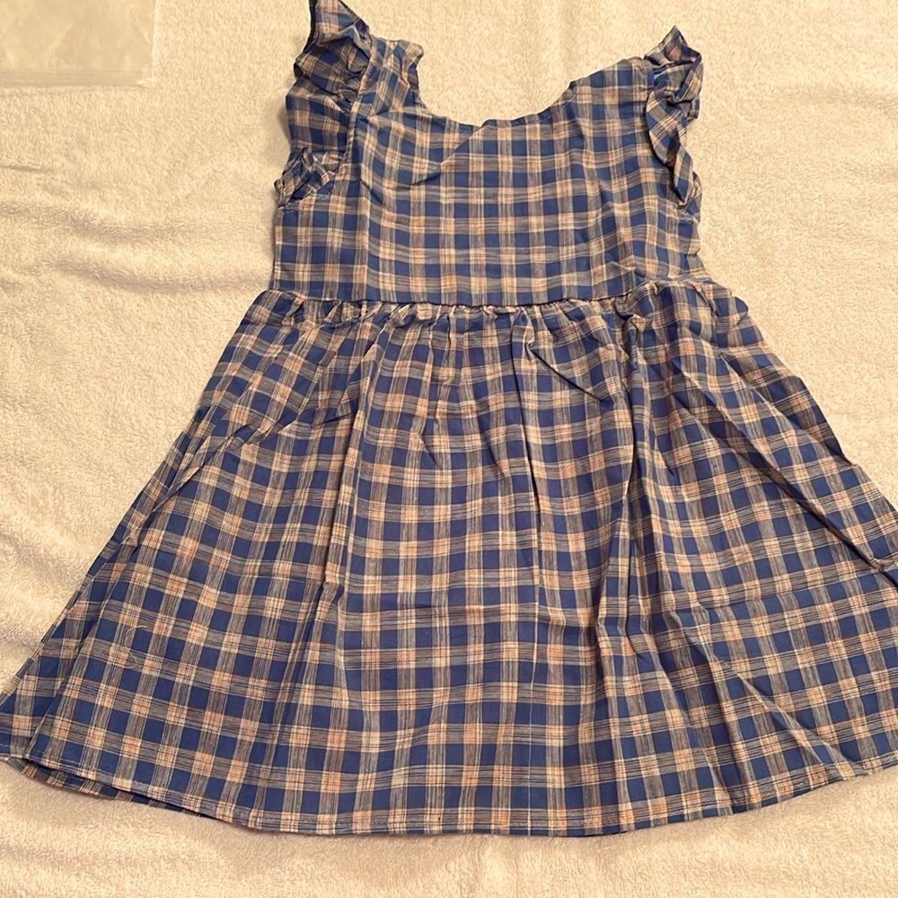 NEW Little girls blue gold plaid dress open cross cross back details size 4-5